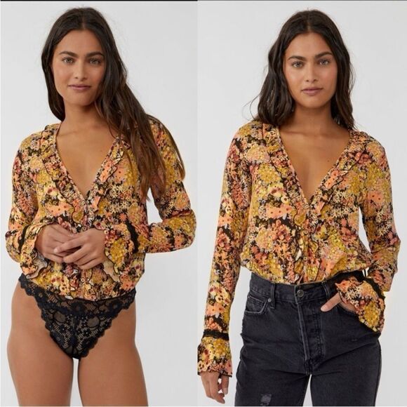 FREE PEOPLE Heat Wave Floral Long Sleeve Thong Bodysuit V-Neck Orange Black New - Picture 1 of 14